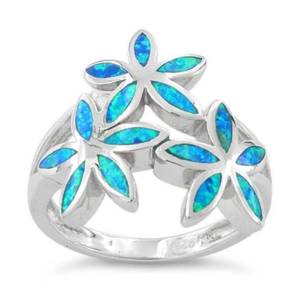 925 STERLING SILVER Lab Created Blue Fire Opal Hawaiian Plumeria Ring - Picture 15 of 16